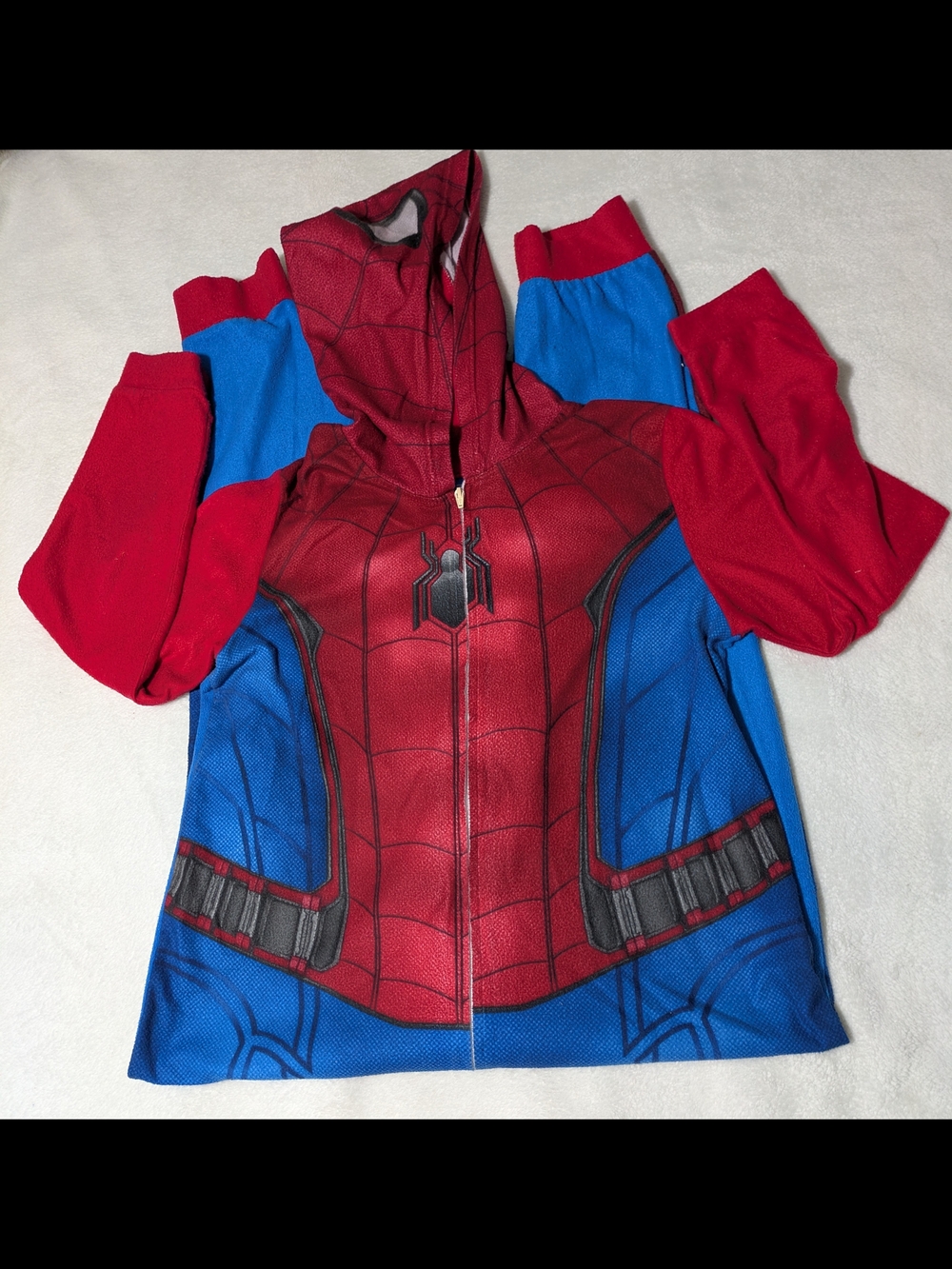 Marvel Spider-Man Kids Size 10/12 Fleece Hooded Onesie Pajamas Costume Flaw